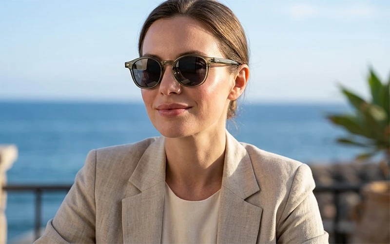 upperbody-closeup-of-EuropeanAmerican-female-model-in-retro-roundsquare-sunglasses-with-translucent-lightgreen-acetate-frame-and-dark-tint-lenses-soft-natural-sunlight-at-seaside-terrace-luxury-resort-lifestyle-eyewear-campaign upperbody-closeup-of-EuropeanAmerican-female-model-in-retro-roundsquare-sunglasses-with-translucent-lightgreen-acetate-frame-and-dark-tint-lenses-soft-natural-sunlight-at-seaside-terrace-luxury-resort-lifestyle-eyewear-campaign